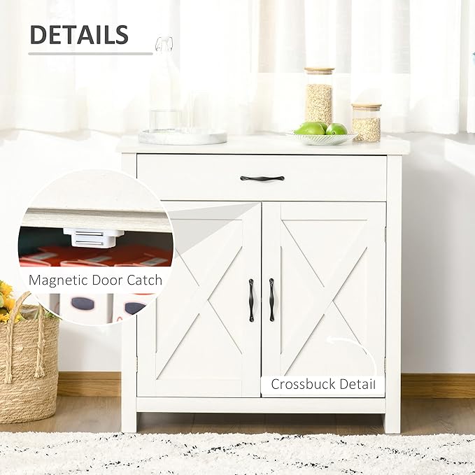 HOMCOM Farmhouse Sideboard Buffet Cabinet, Barn Door Coffee Bar Cabinet with Drawer and Adjustable Shelf, for Living Room, Entryway, White Wash