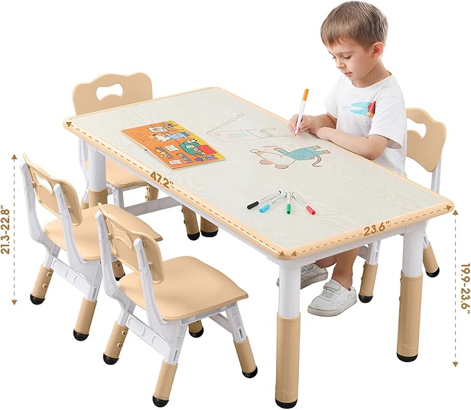 Kids Table and Chairs Set, Height Adjustable Desk With 6 Seats for Ages 3-12,Arts & Crafts Table,Graffiti Desktop, Non-Slip Legs, Max 300lbs, Children Multi-Activity Table for Classrooms,Daycares,Home