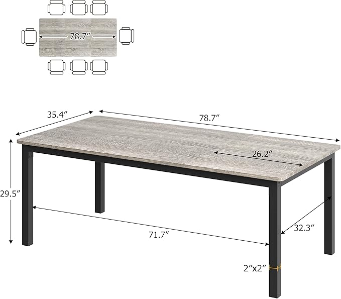 GarveeHome 78.7in Industrial Dining Table for 6, Wooden Long Dinner Table with Mortise Tenon Design, Kitchen Table with Sturdy Metal Legs, for Dining Room Home Office Living Room, Grey
