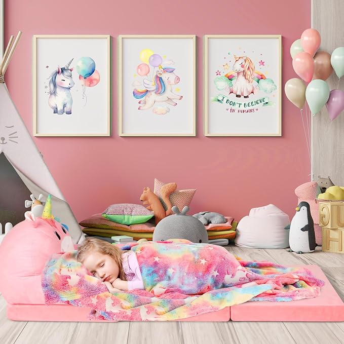 Unicorn Kids Couch Fold Out 2-in-1 Toddler Sofa Fold Out with Blanket, Soft Toddler Chair Comfy for Boys Girls Baby, Convertible Sofa to Lounger for Napping Reading Playing Christmas, Pink