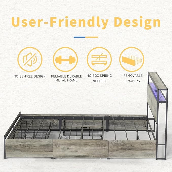 Queen Size Bed Frame with Storage Headboard and 4 Drawers LED Lighting Sturdy Metal Slat Support Non-Slip Noise-Free Platform No Box Spring Needed Greige