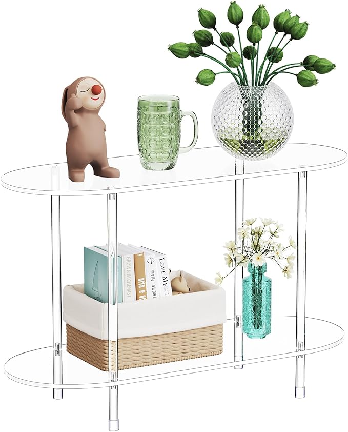 Clear Acrylic Console Table, 31.5" L x 11.8" W x 20" H, 2 Tier Oval Small Transparent Storage shelf Side End Sofa Entry Entryway Table for Sofa, Foyer, Hallway, Living Room