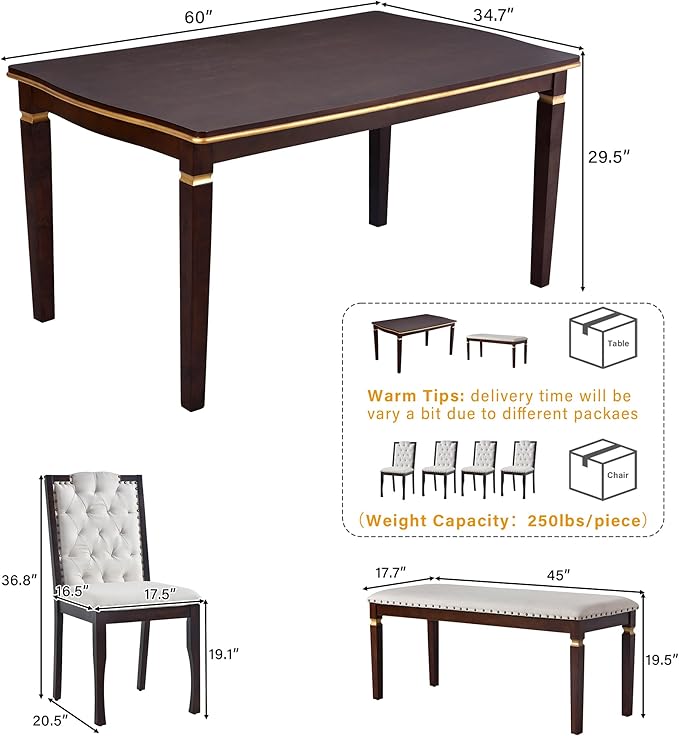 Merax 6-Piece Kitchen Dining Table Set, 62.7" Rectangular with 4 High-Back Tufted Chairs & 1 Bench for Kitchen Room, Espresso