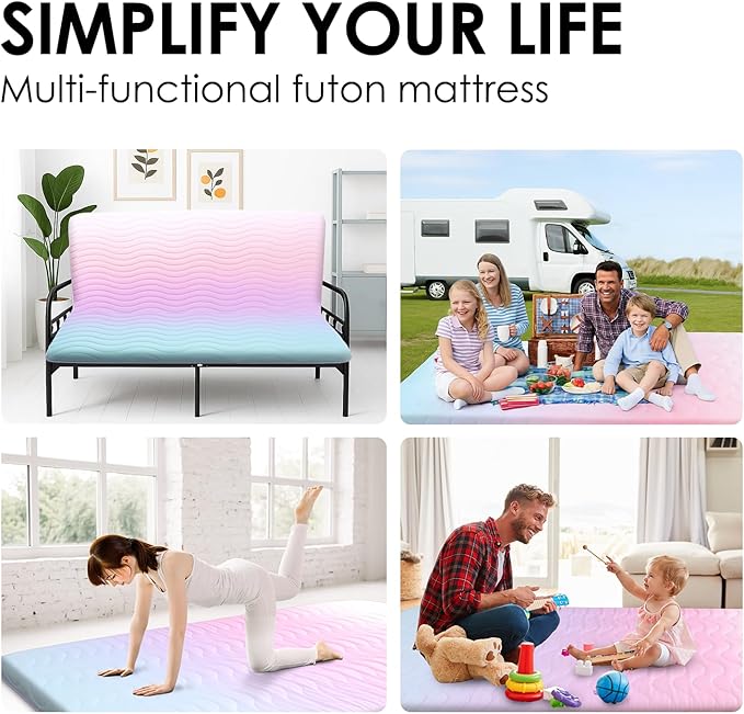 Japanese Floor Futon Mattress, 3.5" Thicken Colorful Rainbow Portable Floor Mattress, High-Density Foam Tatami Mat Sleeping Pad for Camping Guest Room Dormitory RV, Twin