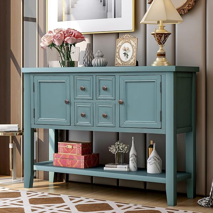 Merax Wood Farmhouse Buffet Table with Storage Shelf, 2 Drawers and Cabinets Buffet Coffee Bar Cabinet for Living Room Dinning Room Kitchen (Dark Blue)