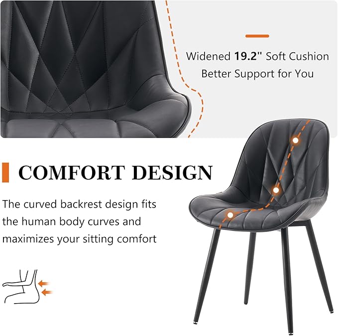 Rowill Black Dining Chairs Set of 2 - Upholstered Faux Leather Kitchen Chairs with Soft Cushion Backrest, Sturdy Metal Legs & Non-Slip Pads, Perfect Modern Design for Home Dining Room, Kitchen