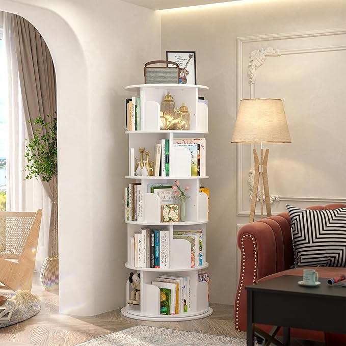 Aheaplus Rotating Bookshelf, 360 Display Wood Spinning Bookshelf Tower, 5 Tier Floor Standing Bookcase Storage Rack, Revolving Bookcase Corner Bookshelfs for Small Space, Bedroom, Study Room, White