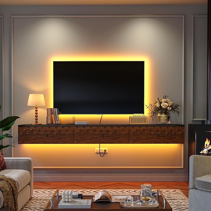 Fully-Assembled Floating TV Stand, Vintage Carved Floating Entertainment Center with Flip-Down Doors & Drawer, Walnut Wood Media Console Shelf Cabinet Under TV Storage for Living Room, 70IN