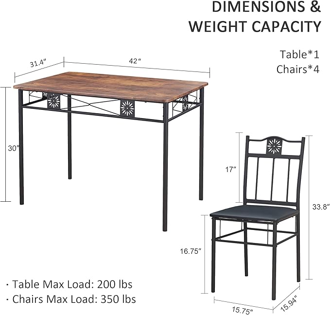 VECELO Kitchen Dining Room Table Sets for 4, 5 Piece Metal and Wood Rectangular Breakfast Nook, Dinette with Chairs, Retro Brown