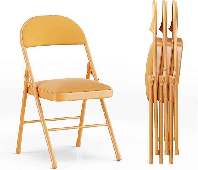 VECELO 4-Pack Folding Chairs Portable Metal with Ultra Soft Fabric Padded Cushion Seats for Home Office Events Wedding Party, Orange