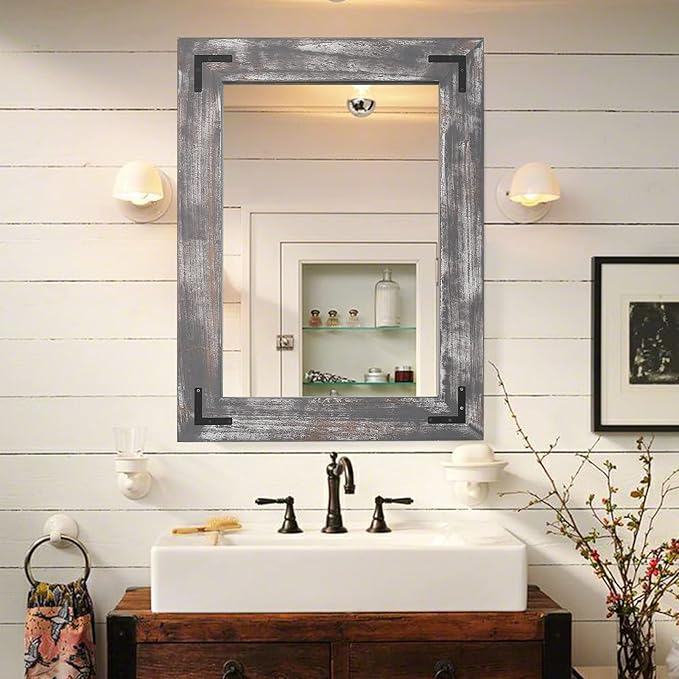 YOSHOOT Rustic Wooden Framed Wall Mirror, 40"x30", Natural Wood Bathroom Vanity Mirror for Farmhouse Decor, Vertical or Horizontal Hanging