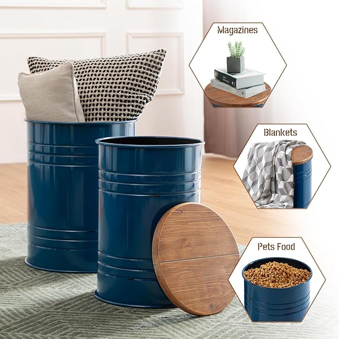 Glitzhome Farmhouse Accent Side Table, Metal Storage Stool Ottoman with Round Lid - Galvanized Coffee Cocktail End Tables Set of 2 for Living Room Bedroom, Navy Blue