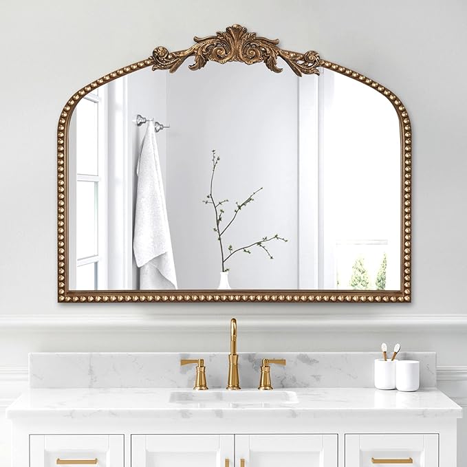 ironsmithn Gold Arched Mirror, 30"x36" Ornate Beaded Frame Mirrors, Metal Decorative Accent Mirror for Fireplace Bedroom Bathroom Living Room Entryway