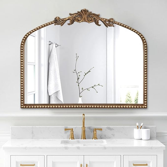 ironsmithn Gold Arched Mirror, 30"x36" Ornate Beaded Frame Mirrors, Metal Decorative Accent Mirror for Fireplace Bedroom Bathroom Living Room Entryway