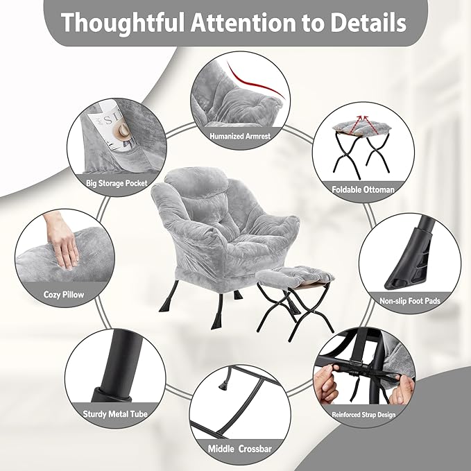 Lazy Chair with Folding Ottoman, Accent Chair Plush Upholstered with Metal Structure and Non-Slip Pads, Sofa Armchair with Footrest and Side Storage Bag for Dorm, Room, Office, Light Gray