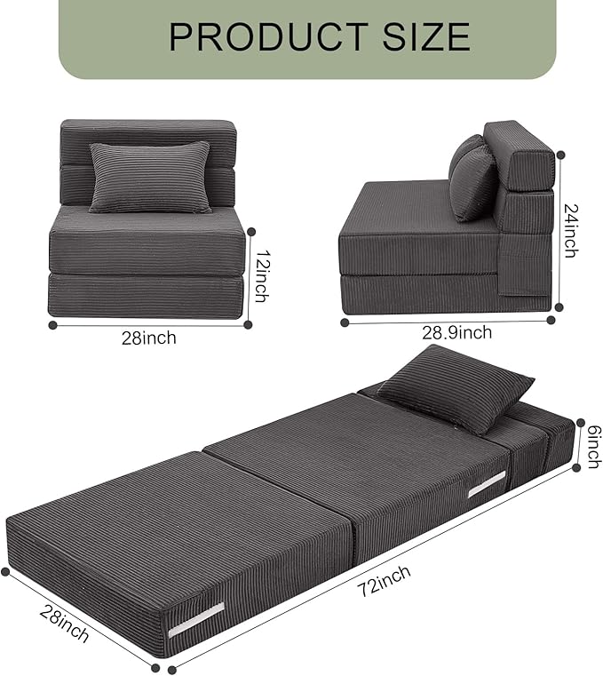 MeMoreCool Boneless Folding Sofa Bed Single, Corduroy Convertible Sleeper Chair, Foldable Foam Mattress Chair, Comfy Fold‑Out Futon Couch Bed, Small Floor Sofa Couch for Living‑Room Guest