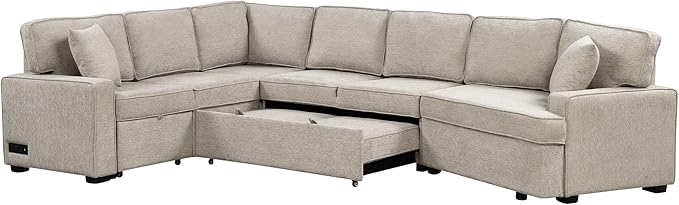 126" Extra Large Pull-Out Sofa Bed with Drop-Down Cup Holder Tables,L-Shaped Sectional Cozy Couch W/Charging Device,Convenient Sleeper Furniture Set for LivingRoom Apartment,Black Chenille