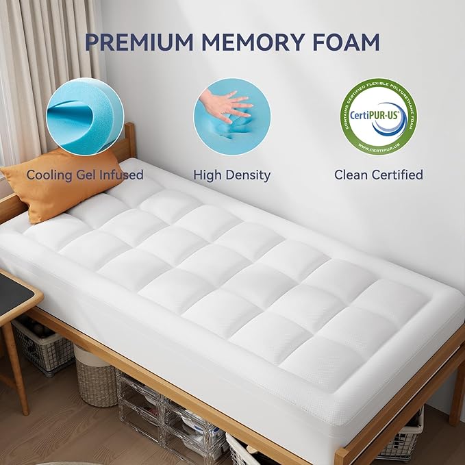 ELEMUSE Twin XL Dual Layer 3 Inch Memory Foam Mattress Topper for College Dorm Room Essentials, 2 Inch Cooling Gel Memory Foam and 1 Inch Washale Soft Pillow Top Extra Long Twin Mattress Pad Cover