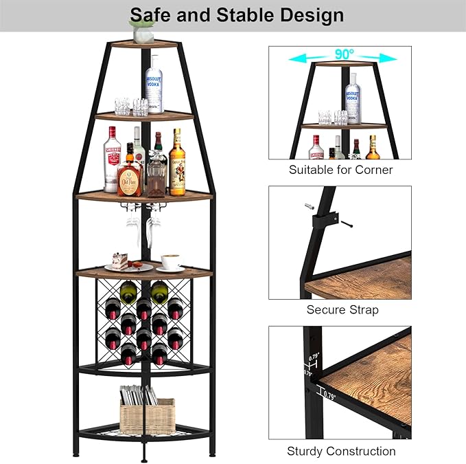 5-Tier Corner Wine Rack with LED Light Floor Standing Wine Rack with Glass Holder and Bottles Wine Storage Home Bar Furniture for Kitchen Living Dining Room (Rustic Brown)