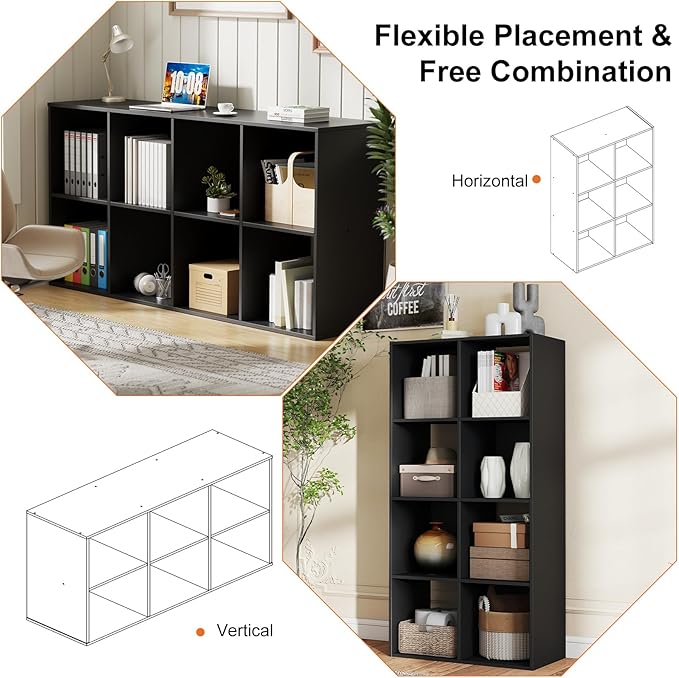 Sweetcrispy 8 Cube Storage Organizer - Open Cube Bookshelf with 4 Removable Back Panels, Display Storage Bookcase for Living Room, Bedroom, Entrance Hall, Home Office，47.7" L×11.6" W×24" H, Black