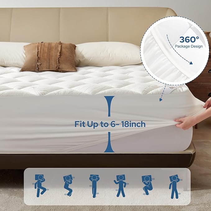 BEDLORE King Mattress Topper, Viscose Made from Bamboo Soft Pillow Top Mattress Pad, Thick Mattress Cover for Back Pain Relief with 6-18 inches Deep Pocket