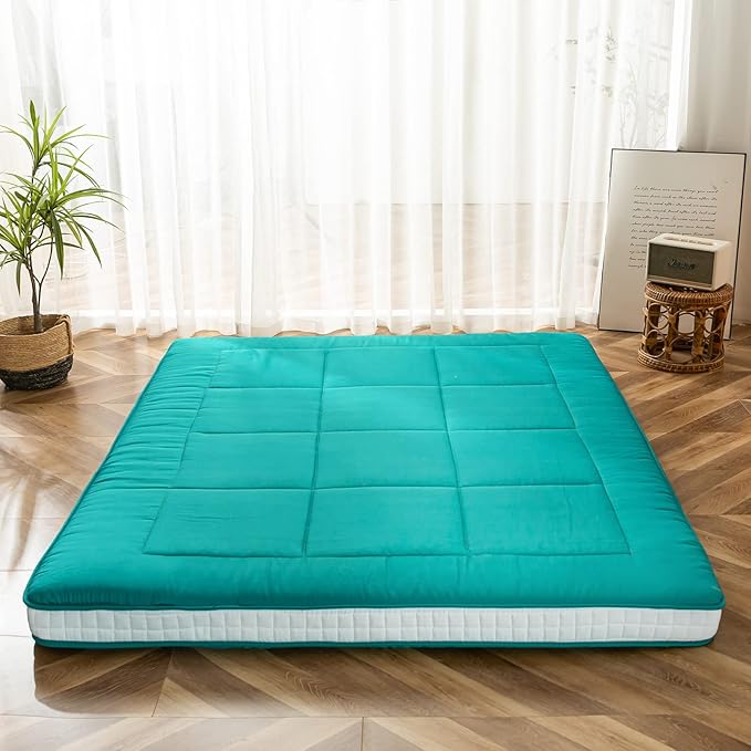 MAXYOYO Futon Mattress, Padded Japanese Floor Mattress Quilted Bed Mattress Topper, Extra Thick Folding Sleeping Pad Breathable Floor Lounger Guest Bed for Camping Couch, Turquoise, Queen
