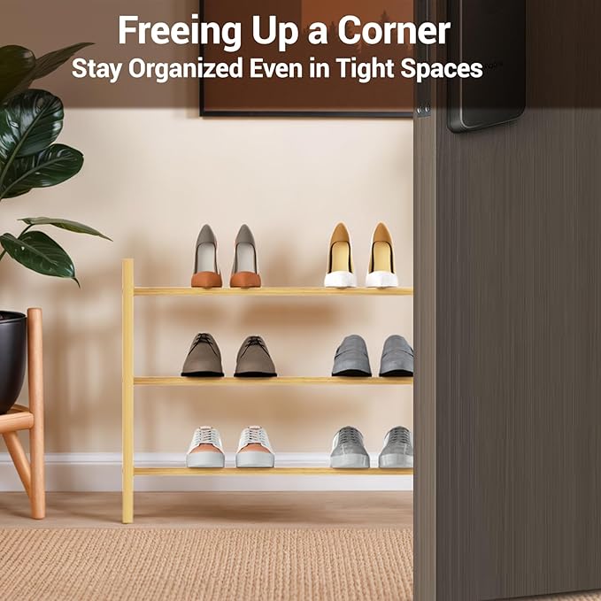 Haddockway Bamboo Shoe Rack for Closet, Free Standing Shoe Organizer with Smooth Round Rods & Convenient Handles, Stackable Shoe Storage Shelf for Entryway, Hallway(Natural, 3-Tier(Small))