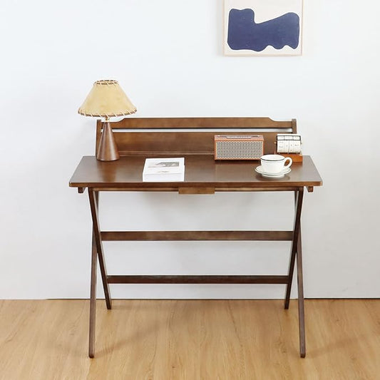 Folding Desk No Assembly Required Small Size, Foldable Computer Desk with Shelf for Home Office, Space Saving Portable Laptop Study Foldable Table for Small Spaces,Walnut Color