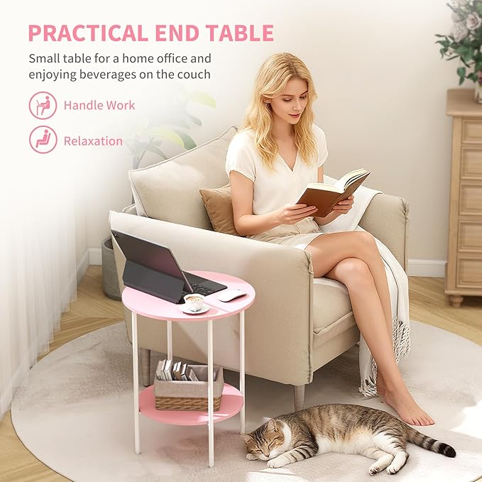Side Table,Round End Table with 2 Storage Shelves| Compact Side Tables for Living Room, Couch, Office & Bedroom | Narrow Accent Table as Space-Saving Small Bedside Table 18x18x22in (Pink)