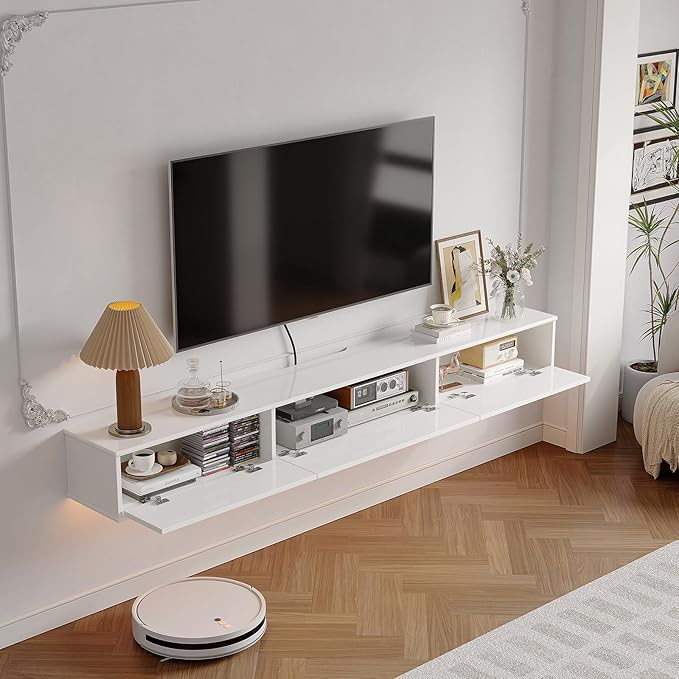 Retro Floating TV Console with 3 Doors,47'' High Gloss Floating TV Stand,Wall Mounted TV Cabinet,Contemporary Floating Media Console for Under TV Storage,Living Room,Bedroom(White)