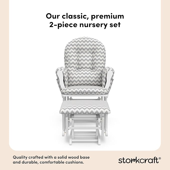 Storkcraft Premium Hoop Glider & Ottoman (White/Gray Chevron) — GREENGUARD Gold Certified Nursery Glider, Solid Wood Craftsmanship, Smooth-Gliding Nursery Chair and Ottoman, Award-Winning