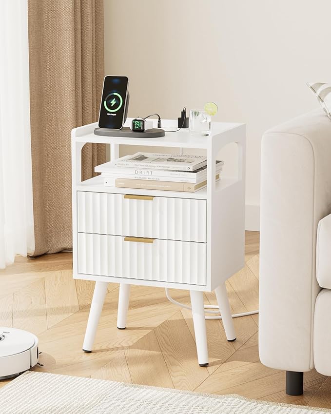 Nightstand with Charging Station and LED Lights,Modern Bedside Table with 2Drawer and Open Shelf,White Night Stand with Solid Wood Legs,End Table for Living Room、Bedroom and Small Spaces