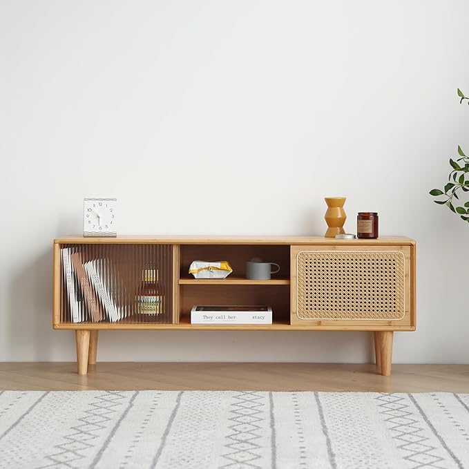 Welnow Rattan TV Stand for Up to 55 Inch, Mid Century Modern Bamboo Entertainment Center with 2 Cabinets & Adjustable Shelf, Storage Media Console Table for Living Room, Bedroom, Natural