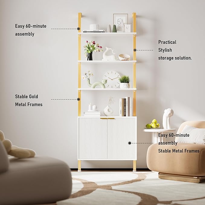74" Tall Bookshelf with Storage Cabinet, Modern Ladder Shelf with Wood and Metal Frame, Wall Mount Bookcase Open Display Shelf Furniture for Living Room, Bedroom, Home Office, Gold