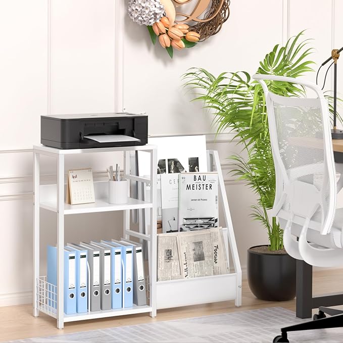 LELELINKY Record Player Table,Turntable Shelf with Vinyl Storage Up to 150 Albums,White Side Table with 3 Tier Magazine Periodical Book Rack,Wide Metal Record Holder Cabinet for Room Office