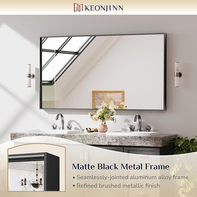 Keonjinn Black Framed Bathoom Mirror 55 x 30 Inch Large Rectangle Vanity Wall Mirror for Over Sink Metal Frame Rectangular Bathroom Mirror Brushed Black Modern Farmhouse Mirror(Horizontal/Vertical)