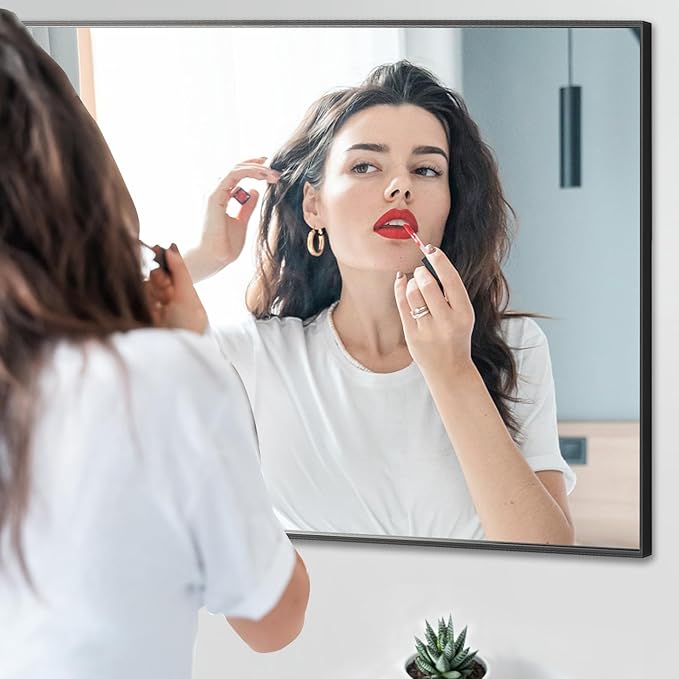 30x30 Inch Black Bathroom Mirror, Copper-Free Mirror, Aluminum Alloy Frame Vanity Mirror, Rectangle Wall Mounted Mirror, Modern Mirror for Bedroom/Living Room/Porch Horizontal or Vertical