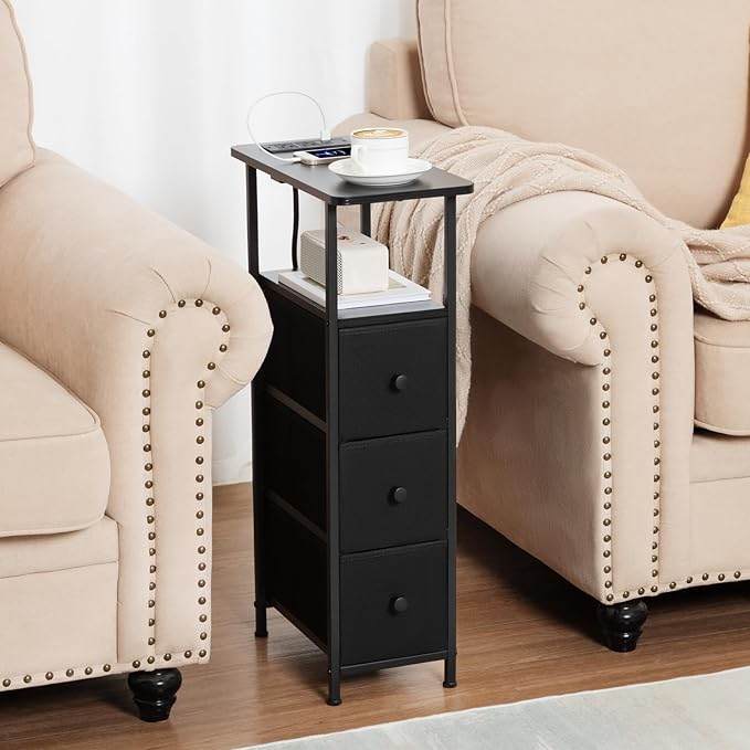 Narrow End Table Living Room with Charging Station, Skinny Side Table with Fabric Drawers, Slim Nightstand for Bedroom, Small Spaces, Couch, Black, HETNDP03BK-1