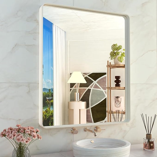 WEER White Bathroom Mirror 36X30 Inch, Rounded Rectangle White Metal Frame Mirror, Matte White Bathroom Vanity Mirror with Tempered Glass, Anti-Rust, Hangs Horizontally or Vertically