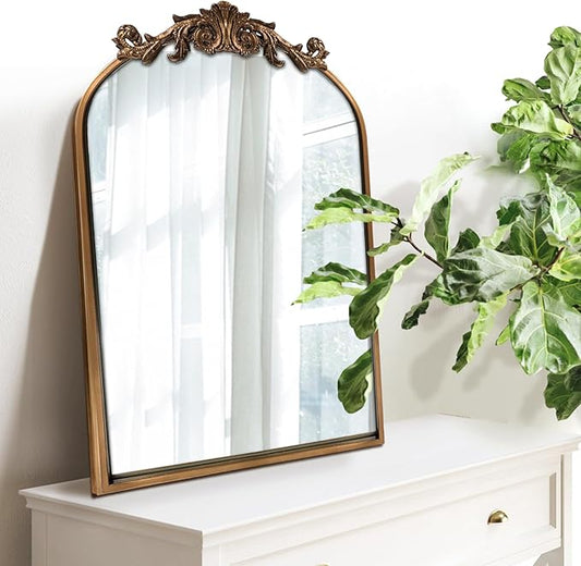 WAMIRRO Antique Mirror,Gold Traditional Vintage Ornate Baroque Arched Brass Wall Mounted Mirrors for Entryway/Fireplace/Living Room/Hallway/Bathroom 19"X27"
