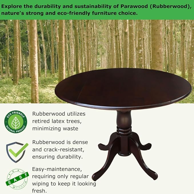 IC International Concepts, 42" Round Dual Drop Leaf Pedestal Dining Table, Solid Real Wood, Sturdy Parawood, Rich Mocha