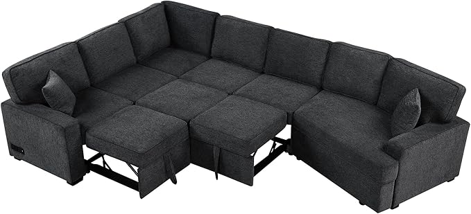 126" Extra Large Pull-Out Sofa Bed with Drop-Down Cup Holder Tables,L-Shaped Sectional Couch W/Charging Device,Convenient Sleeper Furniture Set for LivingRoom Apartment,Beige Chenille
