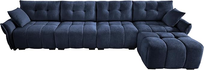 Modern Chenille Fabric 4-Seat Sofa w/Ottoman+2 Pillows, Premium Upholstery Living Room Couch with Tufted Backrest & Comfortable Armrests and High-Resilience Memory Foam Cushions,Blue