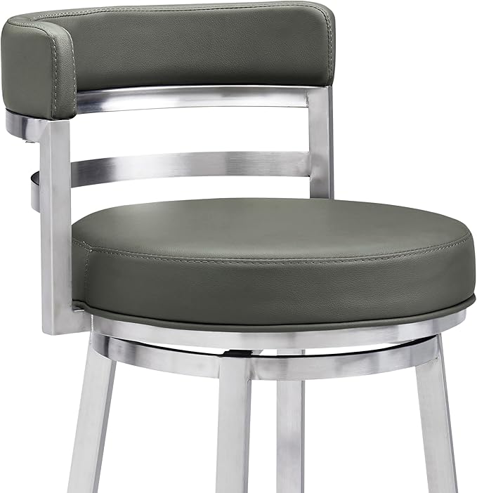 Armen Living Madrid 30" Bar Height Swivel Modern Grey Faux Leather and Brushed Stainless Steel Bar Stool for Kitchen Island Counter
