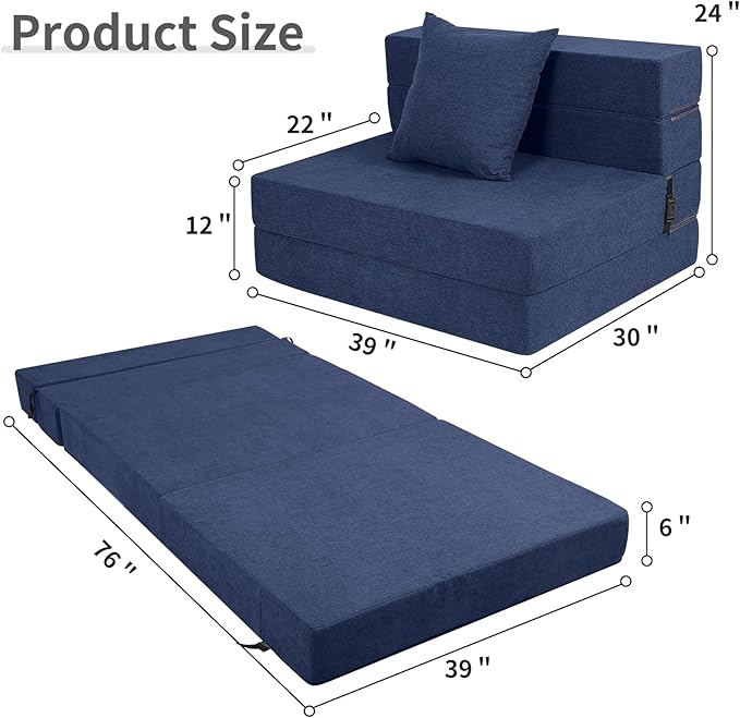 High-Density Memory Foam Folding Sofa Bed with Fluffy Pillow, Twin Size, Navy
