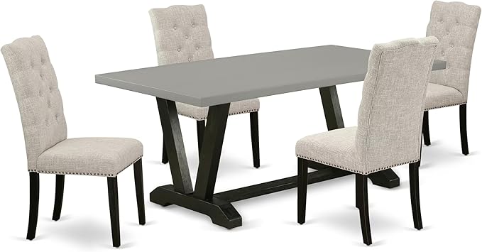 East West Furniture V697EL635-5 5 Piece Modern Dining Table Set Includes a Rectangle Wooden Table with V-Legs and 4 Doeskin Linen Fabric Parsons Dining Chairs, 40x72 Inch, Multi-Color