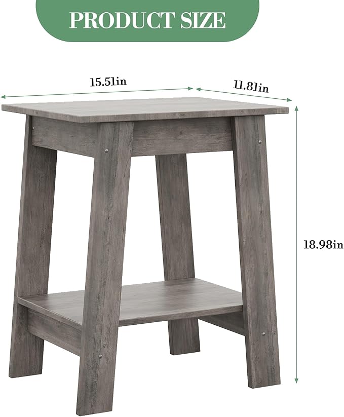End Table with Double Storage Shelves, Small Space Side Table for Farmhouse Bedroom, Studio Apartment, Entryway, Grey