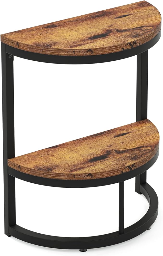Tribesigns End Table Semi Circle, Small Half Round Side Table with Storage Shelf, Wood Accent Table Slim C Table for Sofa Couch, Living Room, Bedroom, Easy Assembly (Rustic Brown & Black, 2-Tier)