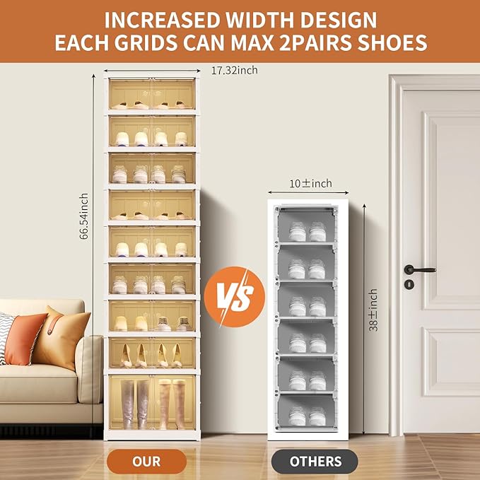9 Tier Foldable Shoe Rack Organizer for Closet 18-36Pairs Plastic Collapsible Shoe Racks Shelf Stackable Clear Folding Shoes Storage boxes for Small Spaces Narrow Shoe Storage Cabinet