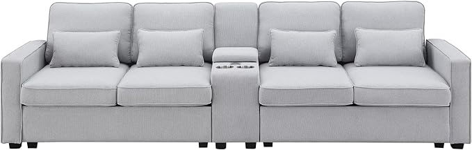 114.2" Linen Upholstered Sofa with Console and 2 USB Ports Wired or Wirelessly Charged,Modern 4-Seat Couches W/ 4 Pillows and Two Cupholders,for Living Room,Apartment,Light Gray